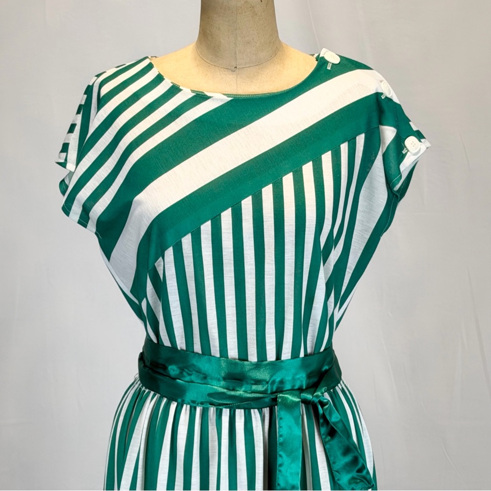 VINTAGE 80s green white stripe dress midi short cap sleeve belted waist nautical - Picture 3 of 11